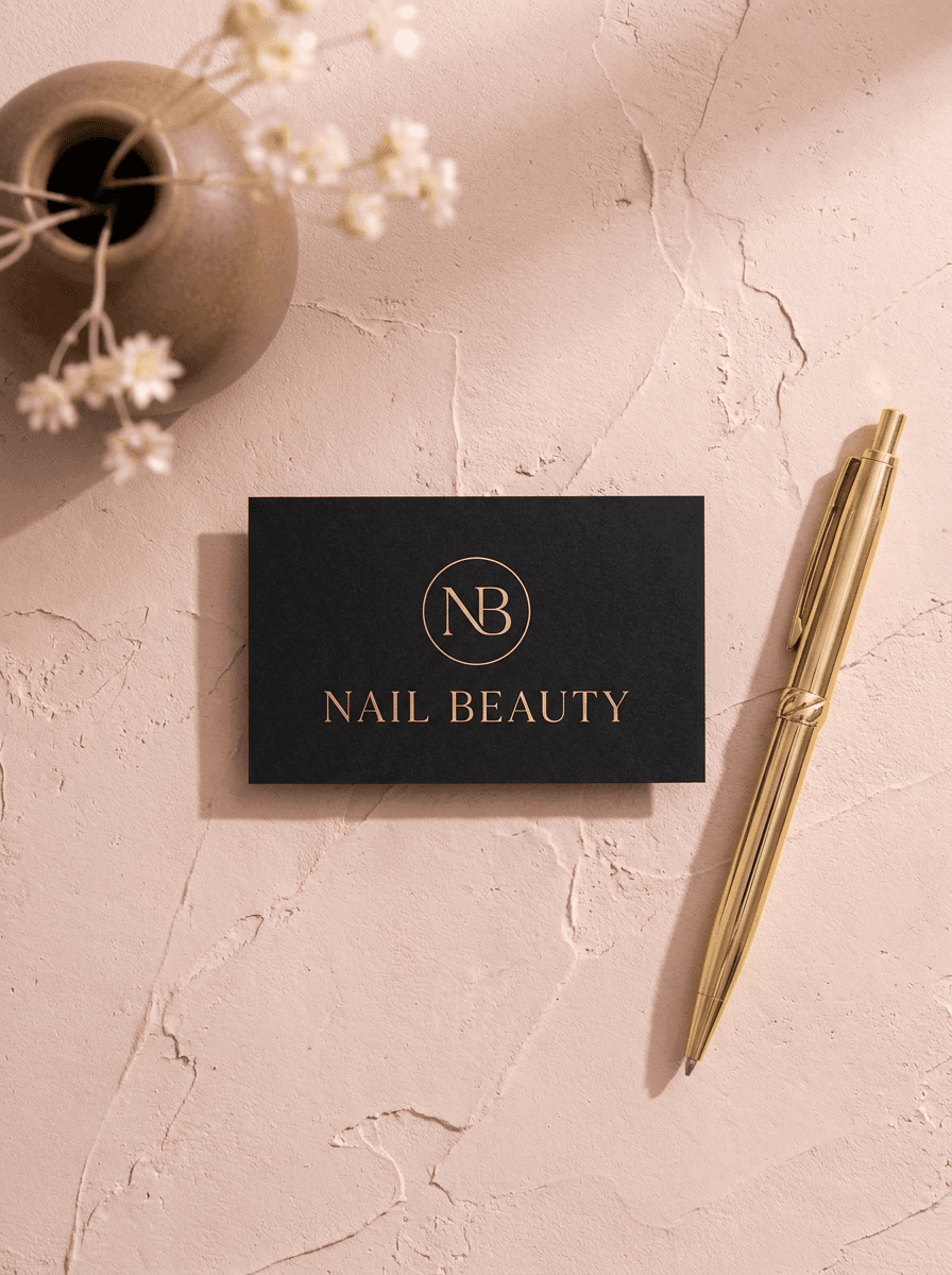 Carte de visite noire Nail Beauty au monogramme doré, stylo doré et fleurs séchées