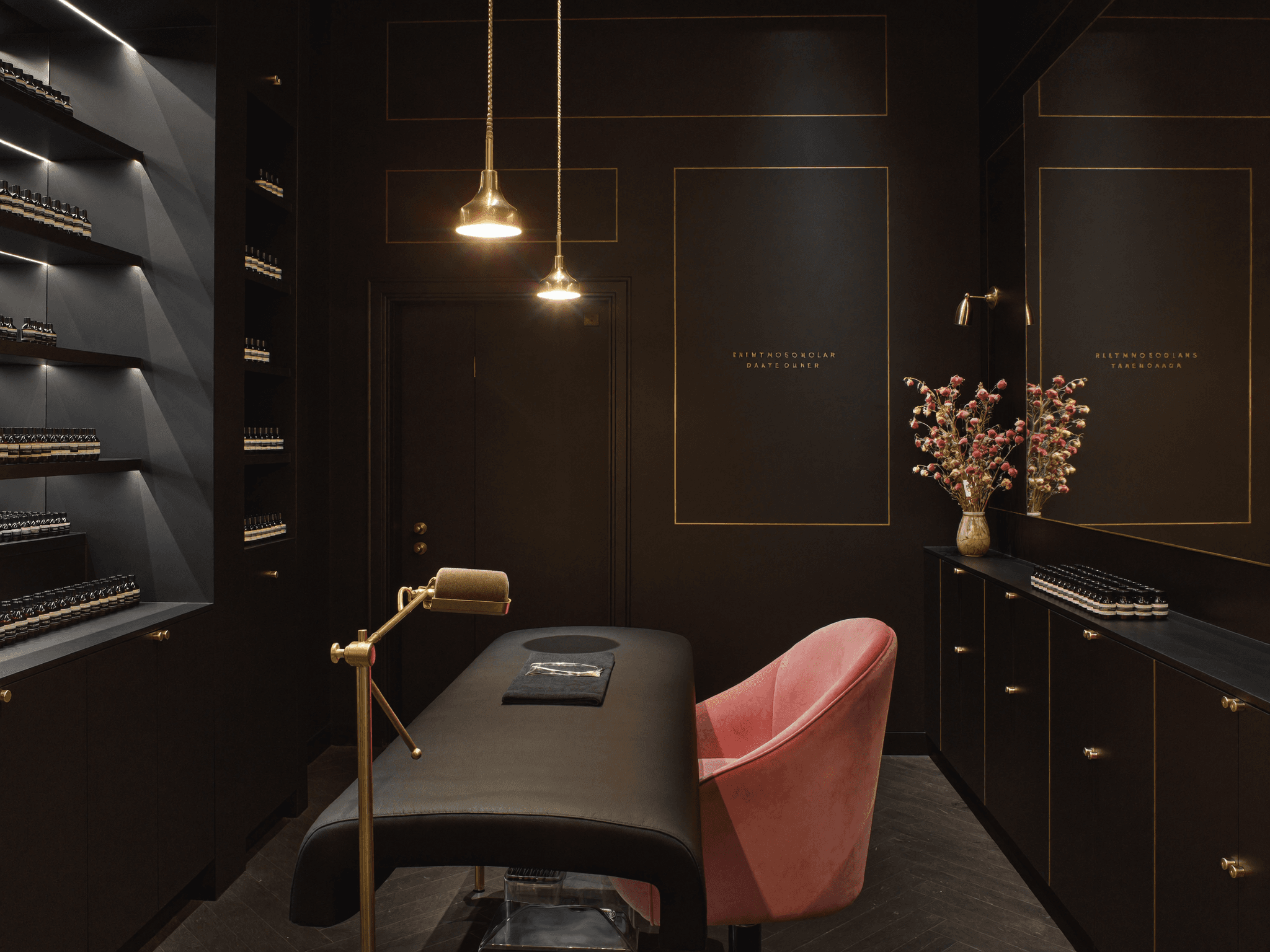 L’intérieur du salon Nail Beauty : table de manucure noire, fauteuil rose poudré et lumières dorées